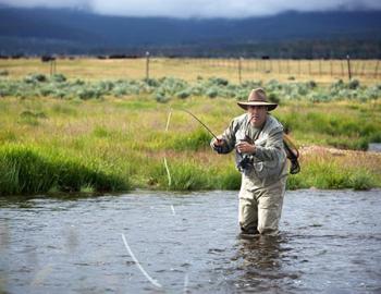 Man flyfishing in a river.