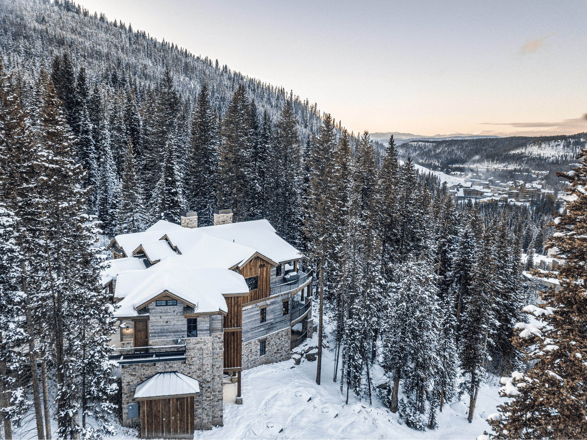 An astonishing bird's-eye view of an exquisite Rocky Mountain cabin.